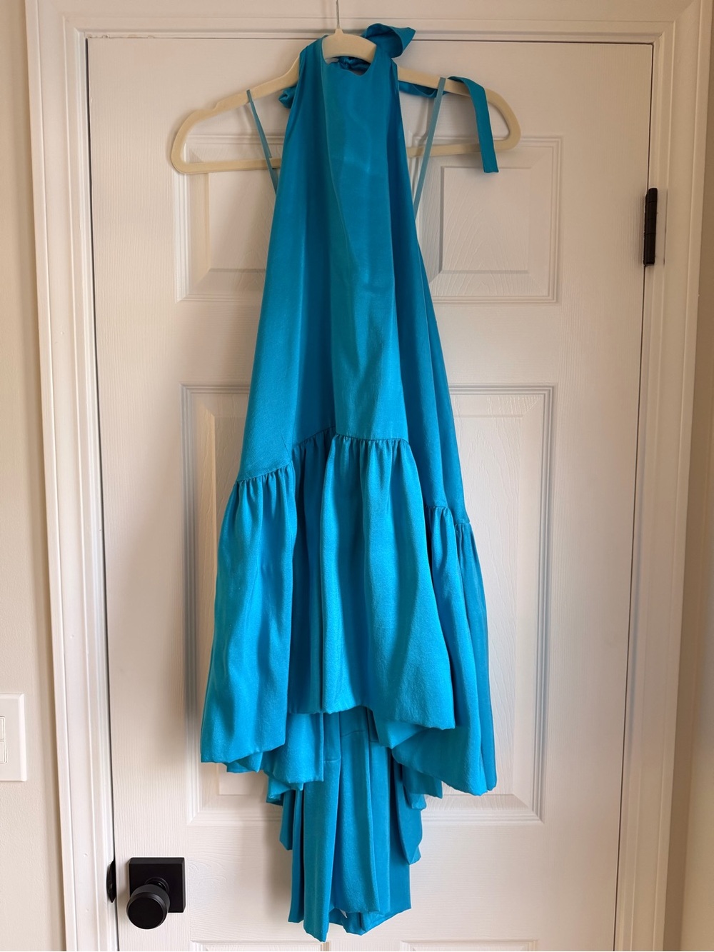 AZEEZA Turquoise Satin Halter High Low Ruffle Dress Size S